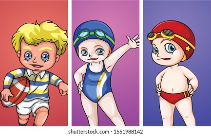 Three kids doing different sports illustration