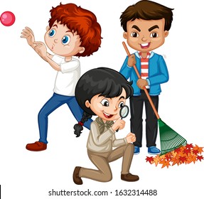 Three kids doing different things illustration