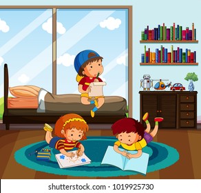 Three kids doing homework in bedroom illustration