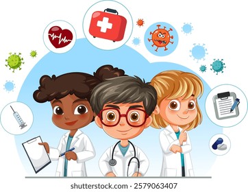 Three kids dressed as doctors with medical icons