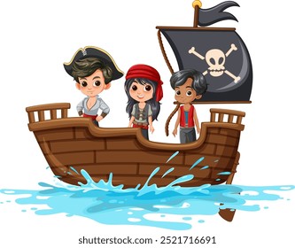 Three kids dressed as pirates on a ship