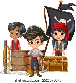 Three kids dressed as pirates with treasure