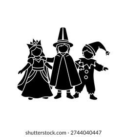 Three kids dressed up as a princess, a wizard, and a jester for Halloween or a costume party, black silhouette.