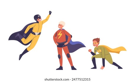 Three Kids Dressed As Superheroes, Posing Confidently. Cartoon Vector Illustration Captures The Spirit Of Imagination