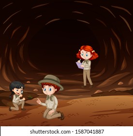 Tres niños explorando la naturaleza en la ilustración de la cueva