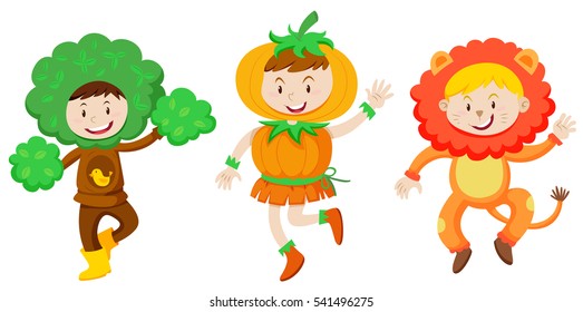 Three kids in fantacy outfit illustration