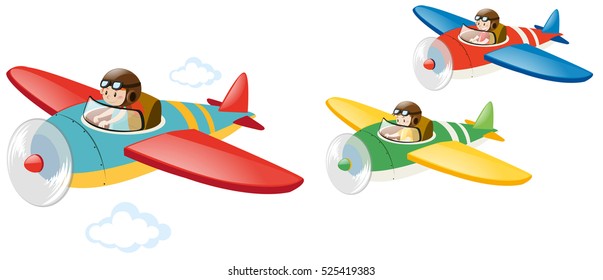 Three kids flying jet plane illustration