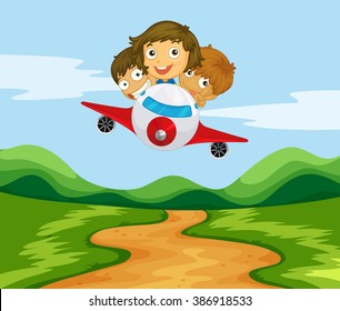 Three kids flying the plane over the hills illustration