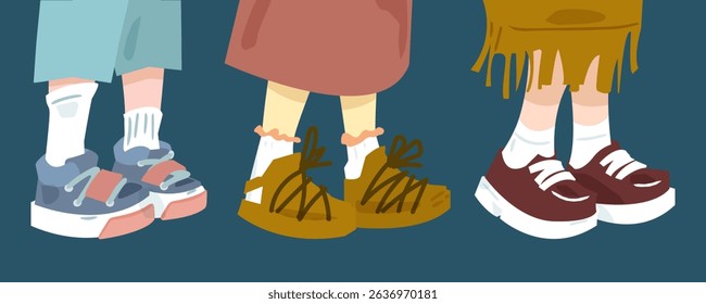 Three Kids Footwear Cartoon Illustration. Three children’s legs in colorful socks and different types of shoes — sneakers, sandals, and loafers — in flat cartoon style on dark background.

