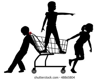 Three kids get a shopping cart rolling in a big shopping expedition.