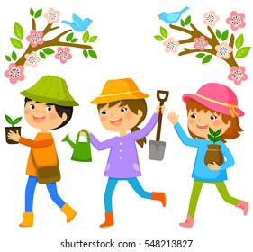 three kids going to plant trees on Tu Bishvat