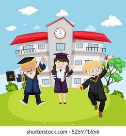 Three kids in graduation gown at school illustration