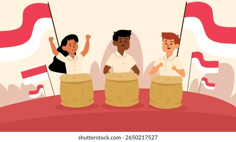 Três crianças alegremente se juntando a corrida do saco com bandeiras comemorando o Dia da Independência da Indonésia
