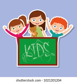 three kids happy girls and boy with chalkboard