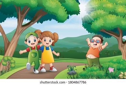 Three of kids having fun along the road