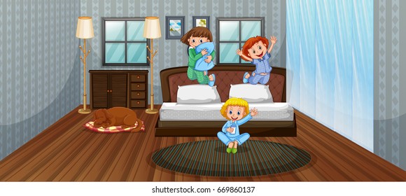 Three kids having fun in bedroom illustration