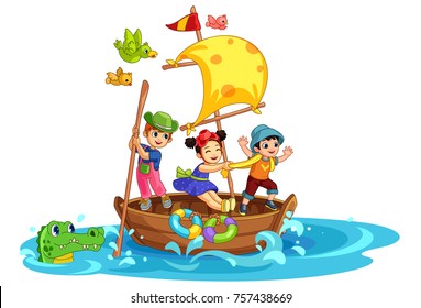 Three kids having fun on the boat beautiful vector illustration