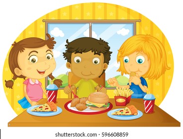 Three kids having meal on table illustration