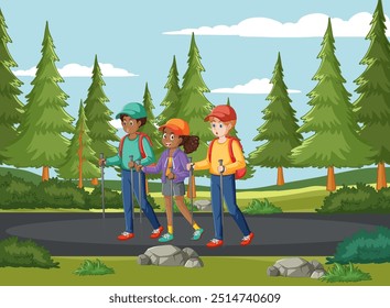 Three kids hiking on a forest trail