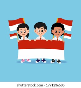 Three Kids Holding big red and white Indonesian flag and marching For Celebrating Indonesian Independence Day