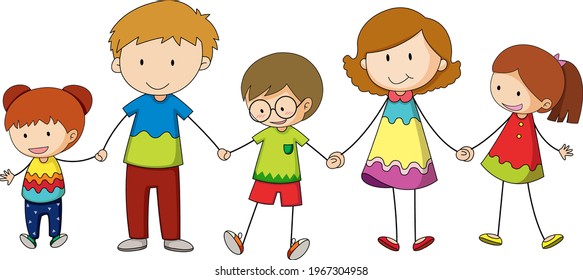 Three kids holding hands cartoon character hand drawn doodle style isolated illustration
