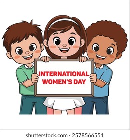 Three Kids Holding a Sign That Says International Women's Day