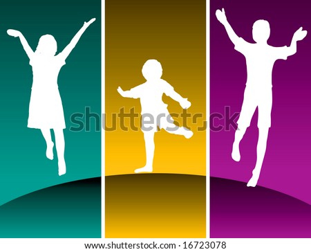 Three kids jumping on a hilltop in colored panels