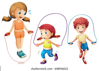 Three kids jumping rope on white background illustration