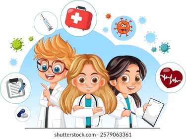 Three kids in lab coats with medical symbols