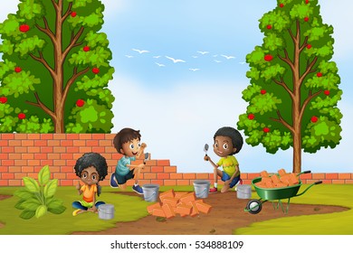 Three kids layering bricks in the garden illustration