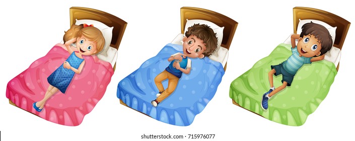 Tres niños tendidos en la cama