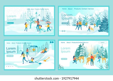 Three Kids and Mom Brining Seeds for Birds to Feeders. Family Walk in Snowy Countryside. Sledding Down Hill with Sister in Local Park. Parents and Daughter Feeding Pet Deer. Four Landing Pages Set.