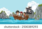 Three kids on a pirate ship