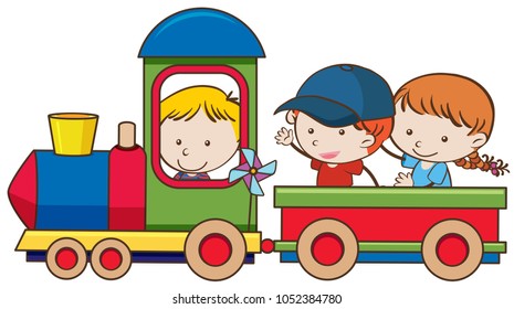 Three kids on the train ride illustration