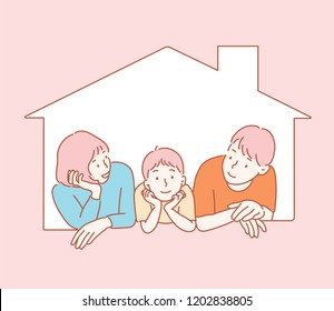 Three kids on the window of the house are looking at the front with their arms around. hand drawn style vector design illustrations.