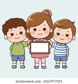 Three Kids One Blank Board Vector