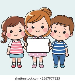 Three Kids One Blank Board Vector