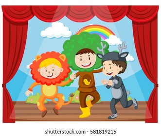 Three Kids Performing On The Stage Illustration