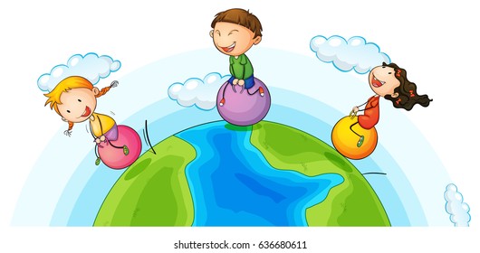 Three kids playing ball on earth illustration