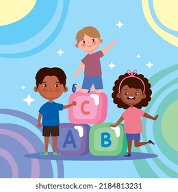 three kids playing with blocks