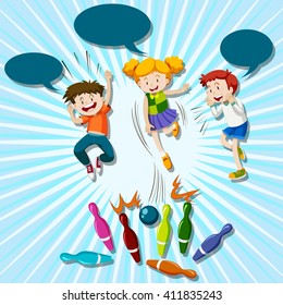 Three kids playing bowling illustration