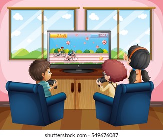 Three Kids Playing Computer Game At Home Illustration