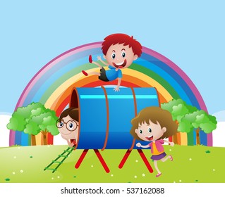 Three kids playing in the field illustration