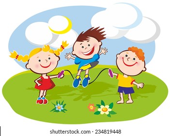 Three kids playing jumping rope on the lawn. Eps file available.