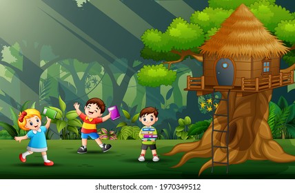 Three kids playing and learning in the park
