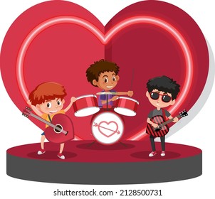 Three kids playing music on heart stage illustration