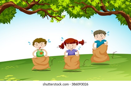 Three kids playing in the park illustration