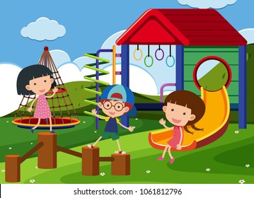 Three kids playing in the playground illustration