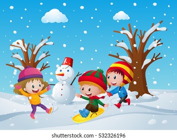 Three Kids Playing In The Snow