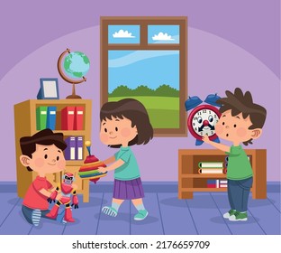 three kids playing with toys